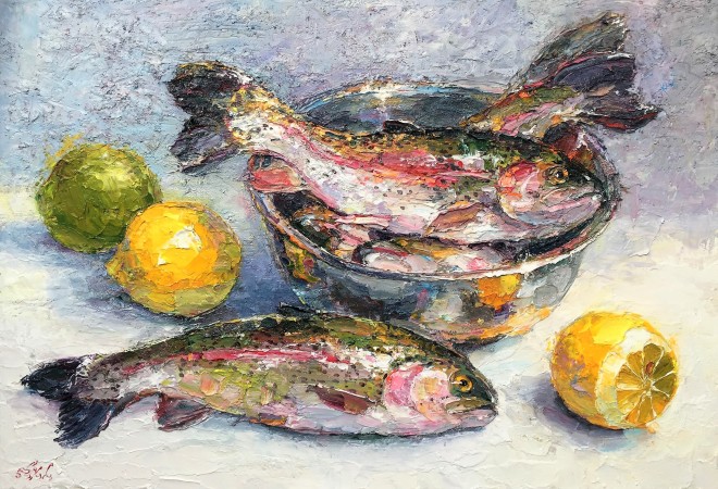 Lana Okiro, Still Life with Trout and Lemons
