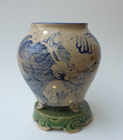 Gabby Malpas, Dragon tripod temple jar. Chinese cloud stand. Flower frog insert
