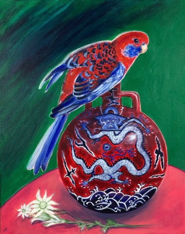 John Klein, Crimson Rosella Chinese Dragon Vase & Flannel Flower Blooms, 2019
