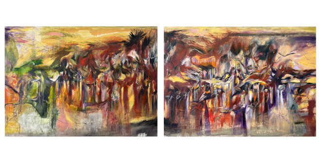 Nour Malas, Panel 2: Uprising & Panel 3: Violet Hill (Diptych), 2025