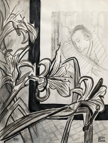 Françoise Gilot, Still life with lilies and an Ukiyo-e print (A View), 1941
