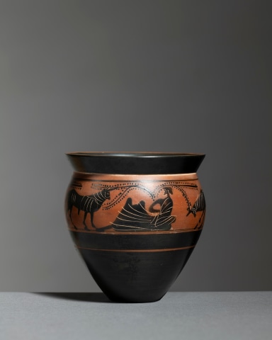 Greek black-figure mastoid cup, Athens, c.490-470 BC, attributed to the workshop of the Haimon Painter