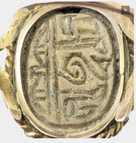 Egyptian scarab ring, 2nd Intermediate Period, c. 1800-1570 BC; the gold setting is early 20th century