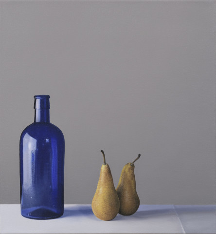 Jo Barrett, Still Life with Blue Glass Bottle and Pears