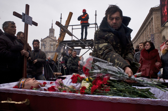 Larry Towell, Kiev, Ukraine [Funeral for demonstrator shot by sniper, Maidan uprising], 22 February 2014