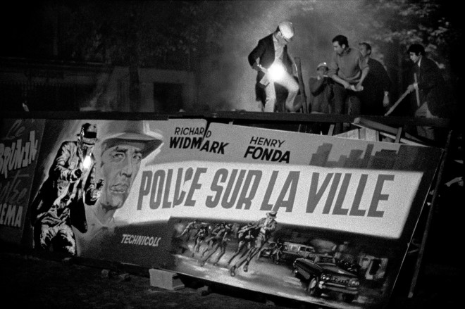 Bruno Barbey, Barricade set up with film posters, Boulevard Saint-Michel, Paris, France, 1968