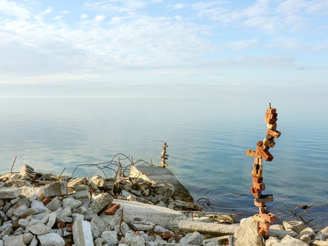 Robert Burley, Shoreline of the Flats with brick and rebar constructions, Tommy Thompson Park, Toronto, 2020