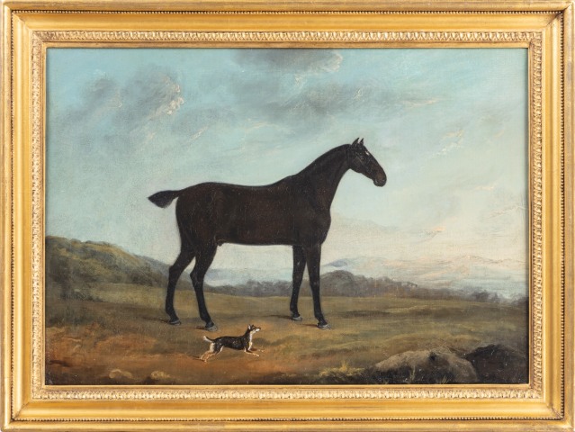Charles Branscombe (fl. 1800-1820), A Black Hack with a terrier, in a landscape