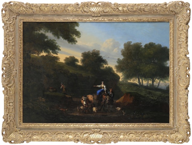 Attributed to Nicolaes Berchem (Haarlem 1620-1683 Amsterdam), An Italianate landscape with a couple and their flock on a road
