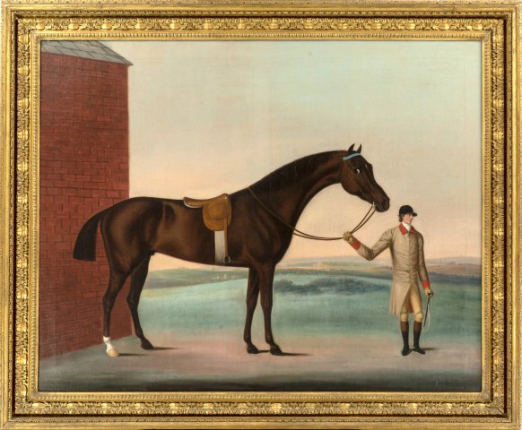 Benjamin Killingbeck (act. 1769-1783), A dark bay racehorse held by his trainer on a racecourse