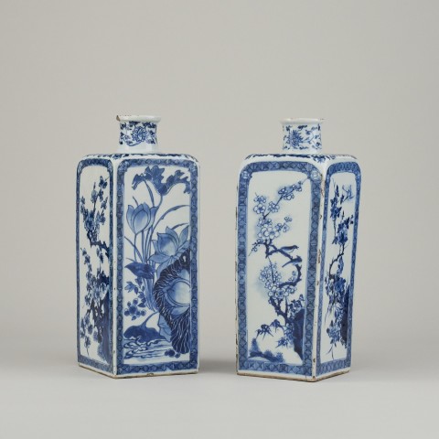 A Near Pair of Chinese Blue and White Porcelain Flasks, 1662-1722