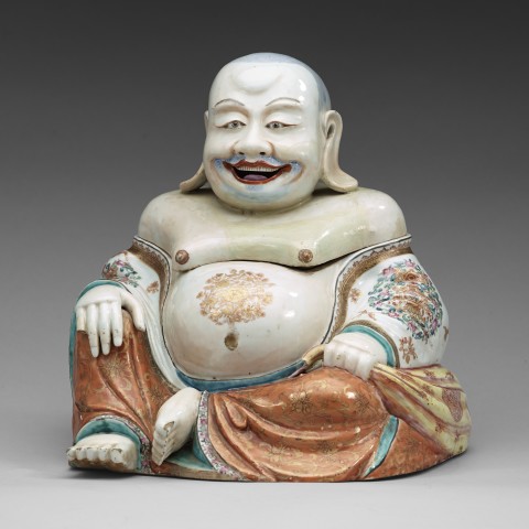 A LARGE FAMILLE ROSE TUREEN WITH COVER IN THE SHAPE OF BUDAI , Qianlong 1736-1795