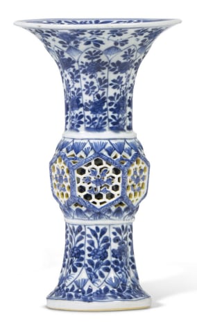 Three Chinese Blue and White Reticulated Vases, Kangxi (1662 - 1722)
