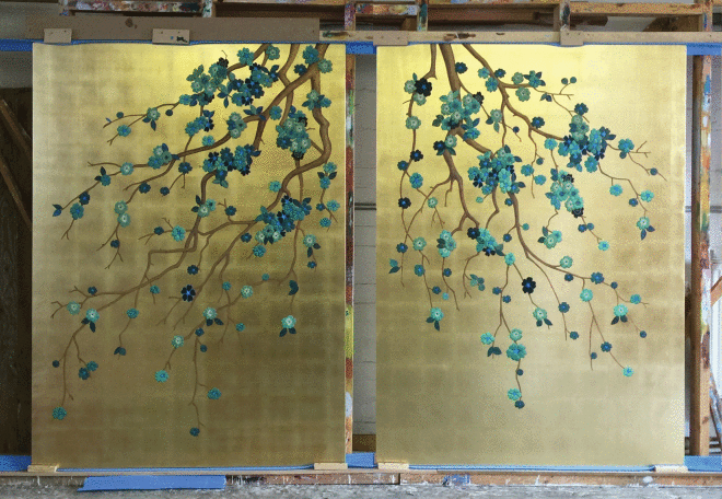 Genting Dream Cruise Liner , Digital art work; painted wall hangings; painting on gold-leafed panels