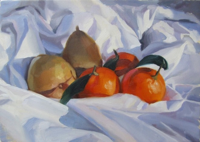 Andrew Holmes, Oranges and Pears, 25 x 36cm, Oil on canvas,