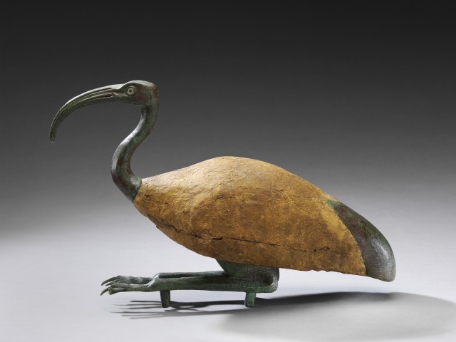 Egyptian seated ibis  Late Period - Ptolemaic Period, c. 664-30 BC  Wood and bronze  Height 42 cm