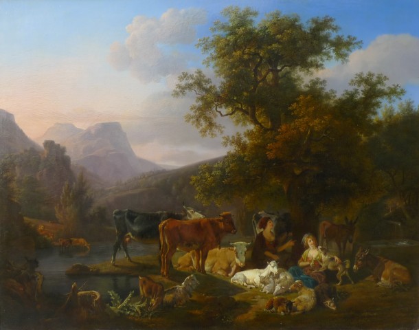 Jean-Louis Demarne, Landscape with animals & figures Oil on panel, signed 20 X 25 1/2 inches canvas size