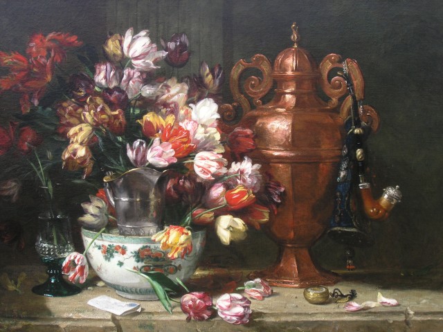 Philippe Rousseau, Tulips and assorted objects on a ledge