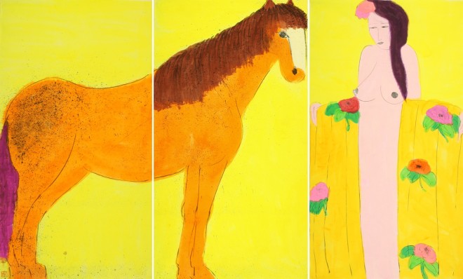 Walasse Ting, Golden Horse with Girl in Golden Robe (Triptych), 1980s