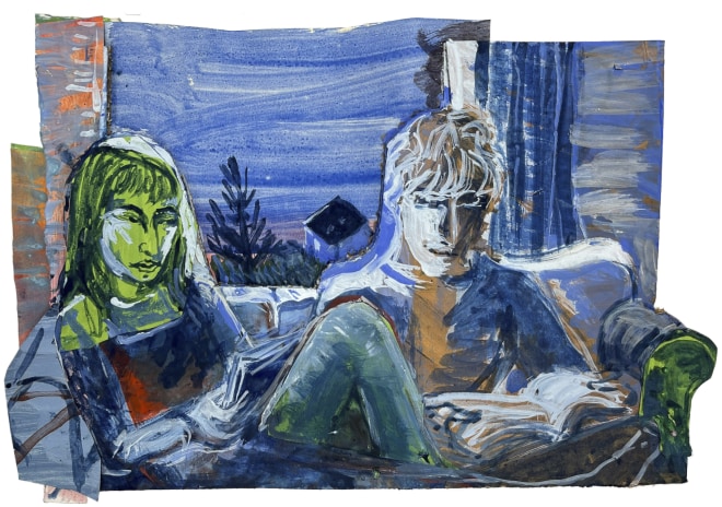 Alice MacDonald Guest RWS  Angus and Eleanor Reading  distemper & collage on cardboard  Frame: 52 x 40cm  £750