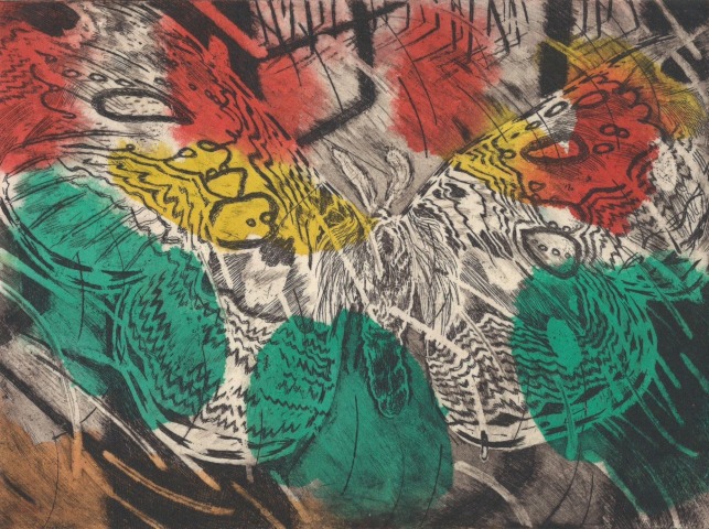 Ned Elliott Guest RWS  Little Moth in the Woods  etching with watercolour & gouache on paper  Frame: 37.3 x 31cm  £700