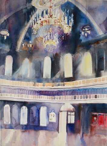 Sophie Knight RWS  Interior with Chandelier, Catholic Church, London  watercolour  56 x 76 cm