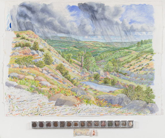 Tony Foster  Rewilding: Minions to Crow’s Nest · Copper Mines Abandoned 1914, 2023  watercolour & graphite on paper, slag heap samples and miniature highland bull in acrylic boxes, copper in a glass bottle with cap, map  118 x 111cm