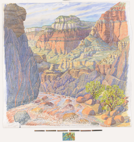 Tony Foster  Water Cuts Through Stone · Grand Canyon from Rim to River · 5800ft · c.12-14 Million Years , 2017  watercolour & graphite on paper, crushed grand canyon rock (in geological order) in glass tubes, cork, sealing wax, map  125 x 117cm (diptych)