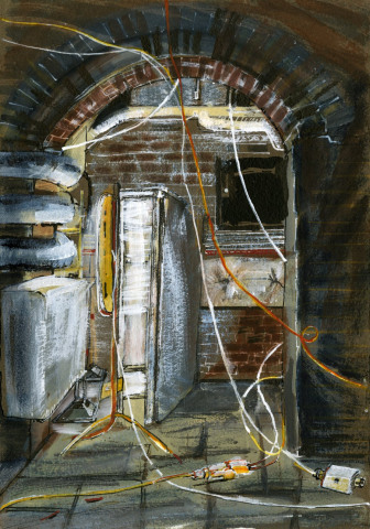 027 Plant Room Basement, 21.10.2019  ink, acrylic & wash  27 x 19cm  £300  Sold and acquired by the RWS Collection  With special thanks to J. Watts