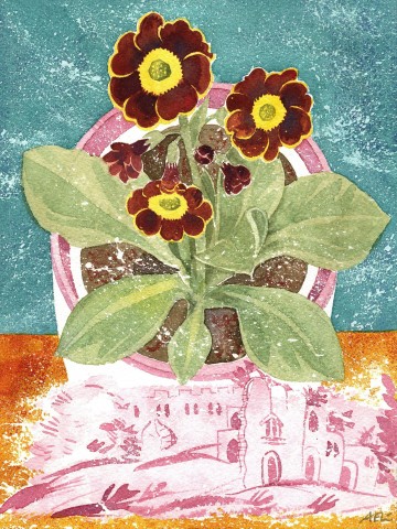 Angie Lewin, Auricula 'Autumn Fire' and Lustreware Landscape