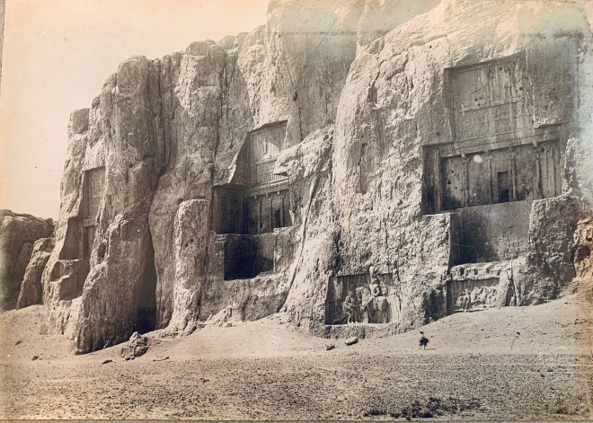 Antoin Sevruguin, Sacred Precinct with Achaemenid Tombs and Sasanian Rock Reliefs Carved into the Husain Kuh Cliff, Naqsh-i Rustam, Late 19th Century or early 20th Century