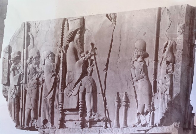 Ernst Herzfeld, hrone Hall, Northern Wall, West Jamb of Eastern Doorway: View of Uppermost Register Picturing Enthroned King Giving Audience, Persepolis, 1923-28