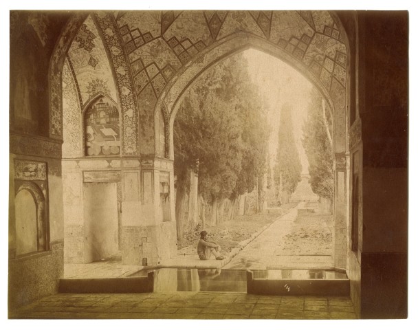 Antoin Sevruguin, A man sitting in a pavillion of the Bagh-e Fin, Kashan, Late 19th Century