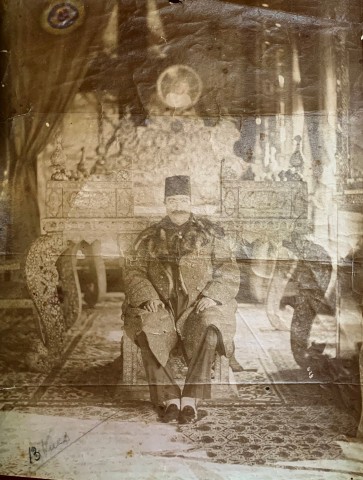 Antoin Sevruguin, Nasir Al-Din Shah Sitting in the Talar-i Takht of the Kakh-i Gulistan, Tehran, Late 19th Century or early 20th Century