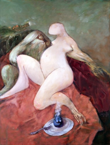 Dorothea Tanning Un tissu de songes (Web of Dreams), 1973-93 Signed and dated at front lower right and signed, dated and titled on verso Oil on canvas Unframed: 130.2 x 97.3 cm / 51 1/4 x 38 1/4 ins Framed: 131.4 x 98.6 x 3 cm / 51 3/4 x 38 7/8 x 1 1/8 ins Copyright The Estate of Dorothea Tanning