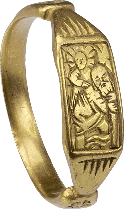 Late Medieval Iconographic Ring with St Christopher and Christ Child