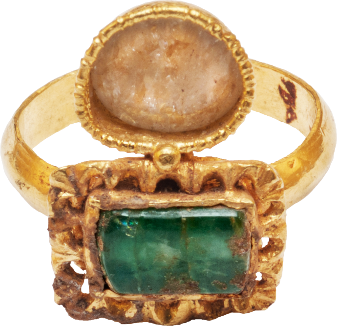 Gold Ring with Double Bezel, Set with Emerald and Rock Crystal