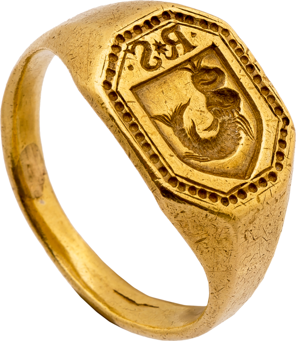 Renaissance Signet Ring with Helmeted Fish and Initials "R*S"