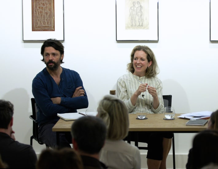 Left to right: Conrad Shawcross, Eleanor Nairne and Yuval Etgar at Luxembourg + Co., London on 2 November 2022.