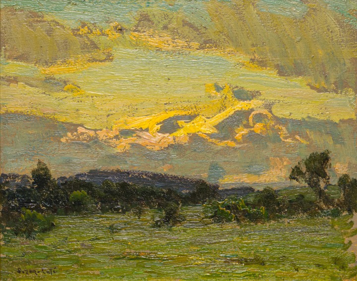 Marc-Aurèle Suzor-Coté Sunset, Arthabaska, 1907 (circa) Oil on panel 8 1/2 x 10 1/2 in 21.6 x 26.7 cm