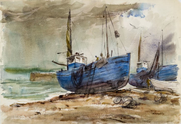 Henry J. Simpkins Blue Hulls - Coques de bateaux bleues Watercolour - Aquarelle 21 3/8 x 31 1/8 in 54.2 x 79 cm