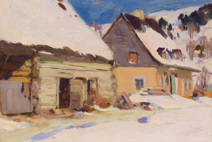 Clarence A. Gagnon Ferme du rang Saint-Laurent, Baie Saint-Paul, 1924 (circa) Oil on wood panel 4 3/4 x 7 1/4 in 12.1 x 18.4 cm