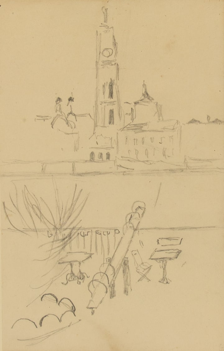 James Wilson Morrice Garden, Antwerp, Looking Toward The Cathedral of Our Lady from across Scheldt River, 1906 (circa) Pencil drawing 6 1/2 x 4 1/2 in 16.5 x 11.4 cm