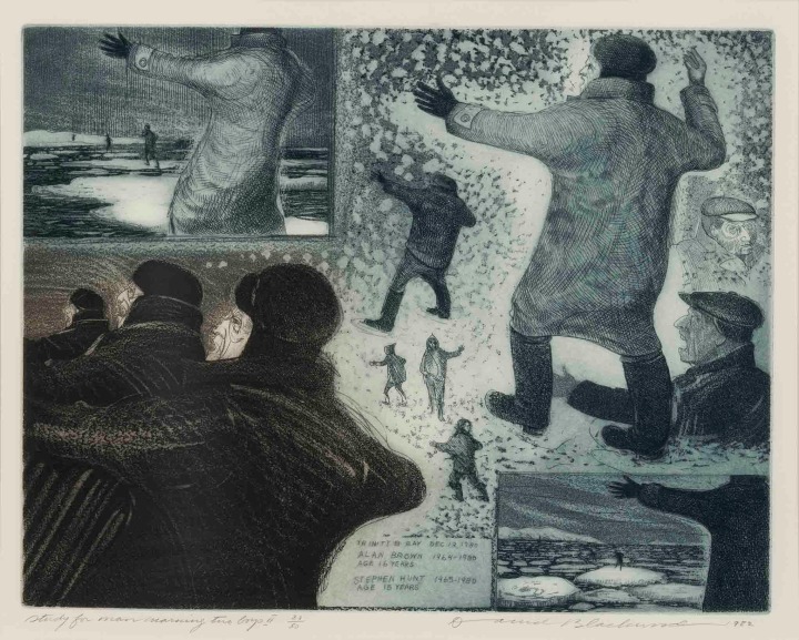 David Blackwood Study for man warning two boys II, 1982 Etching and aquatint 11 x 14 in 27.9 x 35.6 cm Number 23 in an edition of 50
