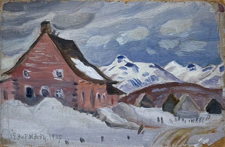 Jean Palardy Maison a pis sec, St. Urbain, 1937 Oil on panel 3 1/8 x 4 7/8 in 7.9 x 12.4 cm