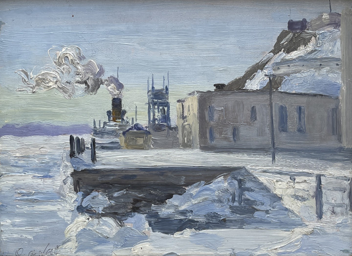 Oscar de Lall The Ferry, Quebec, 1935 (circa) Oil on panel 9 x 12 in 22.9 x 30.5 cm