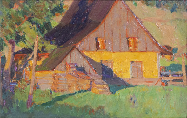 Clarence A. Gagnon Maison de Fermiers au soleil couchant (Baie St. Paul), 1923 (circa) Oil on panel 6 x 8 in 15.2 x 20.3 cm