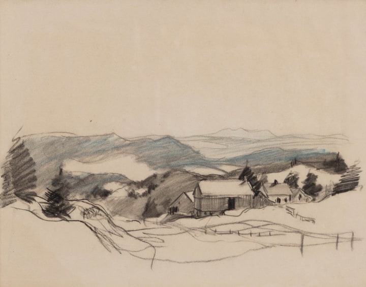 Frederick Simpson Coburn Winter, Eastern Townships Crayon drawing 8 1/2 x 11 1/2 in 21.6 x 29.2 cm