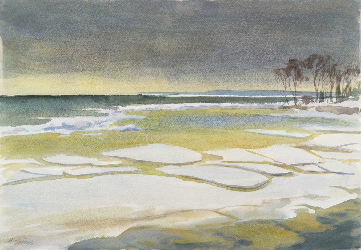 Henry J. Simpkins St. Lawrence River at Dorval - Le fleuve Saint-Laurent à Dorval Watercolour - Aquarelle 13 7/8 x 19 7/8 in 35.1 x 50.4 cm