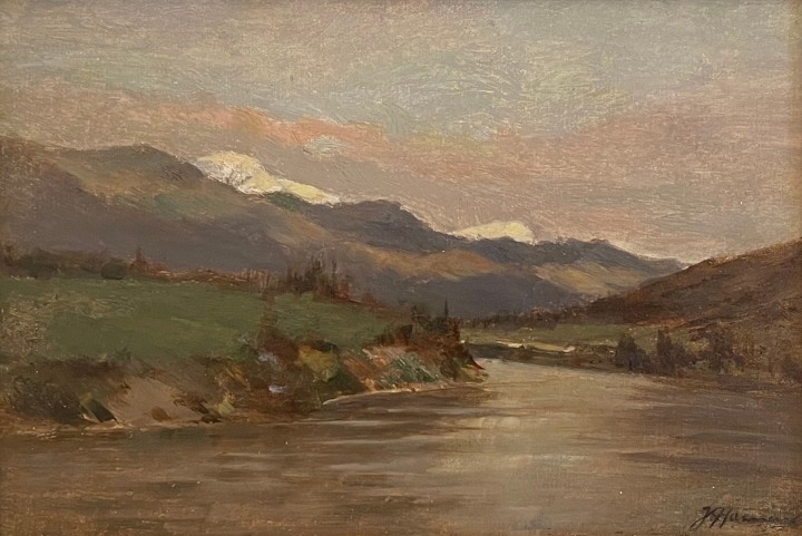 John Hammond Yale on the Fraser, B.C., 1893 (circa) Oil on board 8 x 11 1/2 in 20 x 29 cm